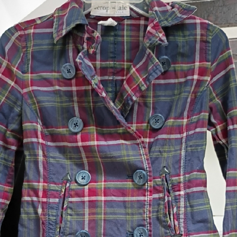 Aeropostale Women's Navy and Red Plaid Double-Breasted Light Cotton Jacket Top